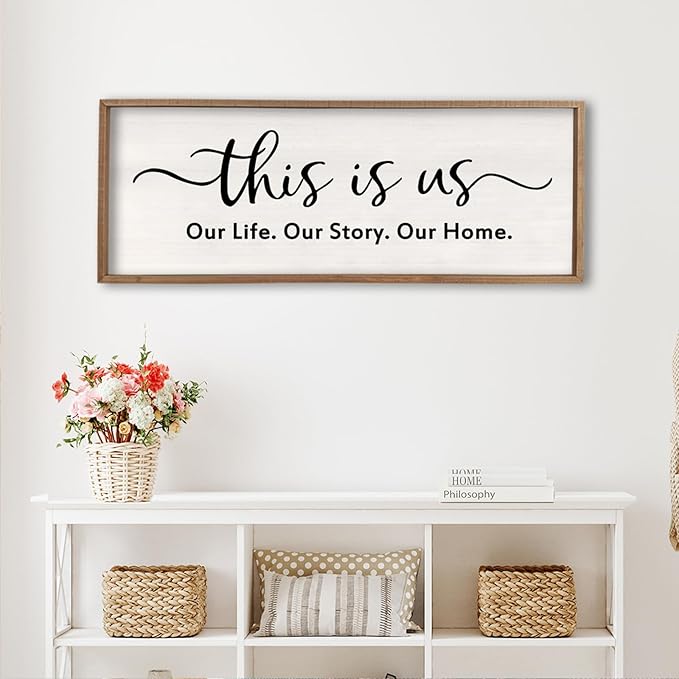 This is us Wall Decor Sign 40'' x 15'' Large Master Bedroom Home Life Story Wood Framed Vintage Family Sign Rustic Plaque Living Room Minimalist Farmhouse Hanging Wall Art (Wood)-Ruum Studio Home
