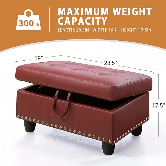 Ottoman Rectangular Storage Ottoman Bench, Faux Leather Footrest, Coffee Table, Stool Footstool with Hinged Lid for Living Room, Bedroom, Entryway, Red, 28.5"x19"x17.5"-Ruum Studio Home