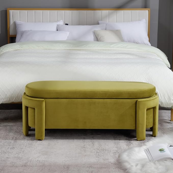 Modern Upholstered Storage Bench, Velvet Fabric 50" Long Entryway Bench with Storage and Seating, Comfy Cute Ottoman Bench for Living Room/End of Bed/Hallway, Olive Green-Ruum Studio Home
