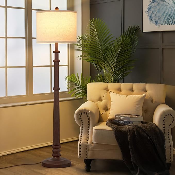 Floor Lamps for Living Room - 60" Resin Farmhouse Floor Lamp with 3 Color Temperatures - Vintage Standing Lamp Reading Light with Linen Shade Tall Lamp for Bedroom Office, Reddish Brown-Ruum Studio Home