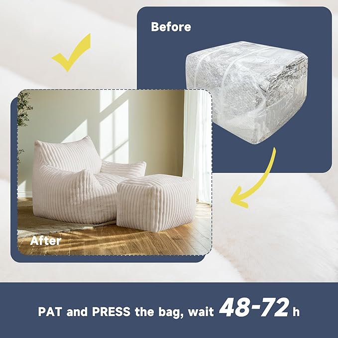 Giant Bean Bag Chairs for Adults, Oversized Chaise Lounge Chair Indoor with Memory Foam - Plush Boneless Lounger & Ottoman for Bedroom, Living Room, Gaming & Reading, Lazy Floor Sofa Chair, Beige-Ruum Studio Home