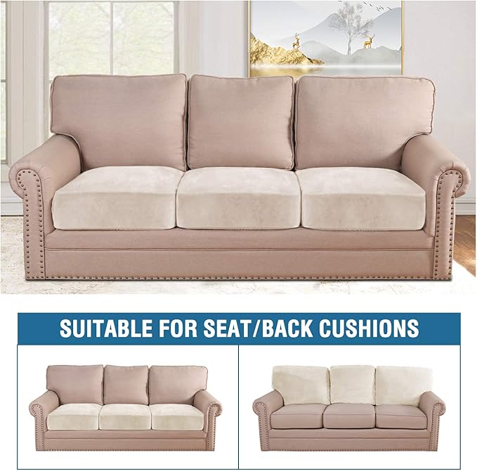 H.VERSAILTEX Velvet Stretch Couch Cushion Cover Plush Cushion Slipcover for Chair Loveseat Sofa Cushion Furniture Protector Seat Cushion Sofa Cover (3 Piece XL Sofa Cushion Covers, Ivory)-Ruum Studio Home
