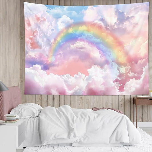 HVEST Rainbow Cloud Tapestry Wall Hanging, Rainbow and Pink Cloud with Glow Sunshine in Pastel Sky Tapestry, Aesthetic Nature Landscape Tapestry for Living Room Bedroom Aesthetic Decor, 36L x 48W Inches-Ruum Studio Home