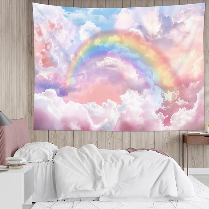 HVEST Rainbow Cloud Tapestry Wall Hanging - Rainbow and Pink Cloud With Glow Sunshine in Pastel Sky, Aesthetic Nature Landscape for Living Room Bedroom Decor, 59x51 Inches-Ruum Studio Home