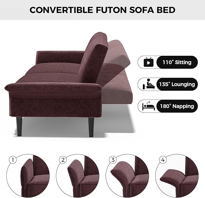 89” Futon Sofa Bed, Velvet Fabric Comfy Futon Couch Bed with 2 Square Pillows, Convertible Sleeper Sofa with Adjustable Backrest& Armrests, Modern Loveseat Sleeper for Living Room, Burgundy-Ruum Studio Home