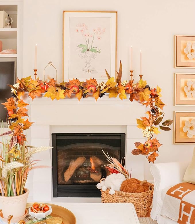 Lvydec Fall Maple Leaves Garland Decoration -6ft Artificial Fall Foliage Garland with White Pumpkins Pine Cone Autumn Decor for Halloween Thanksgiving Home Table Decor-Ruum Studio Home