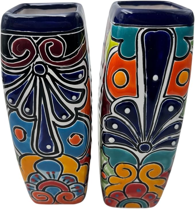 Talavera Planter Pot Square Vase Folk Art Mexican Pottery Handmade Hand Painted Home Decor Indoor Multicolor Outdoor 9.25" (Multi 22)-Ruum Studio Home