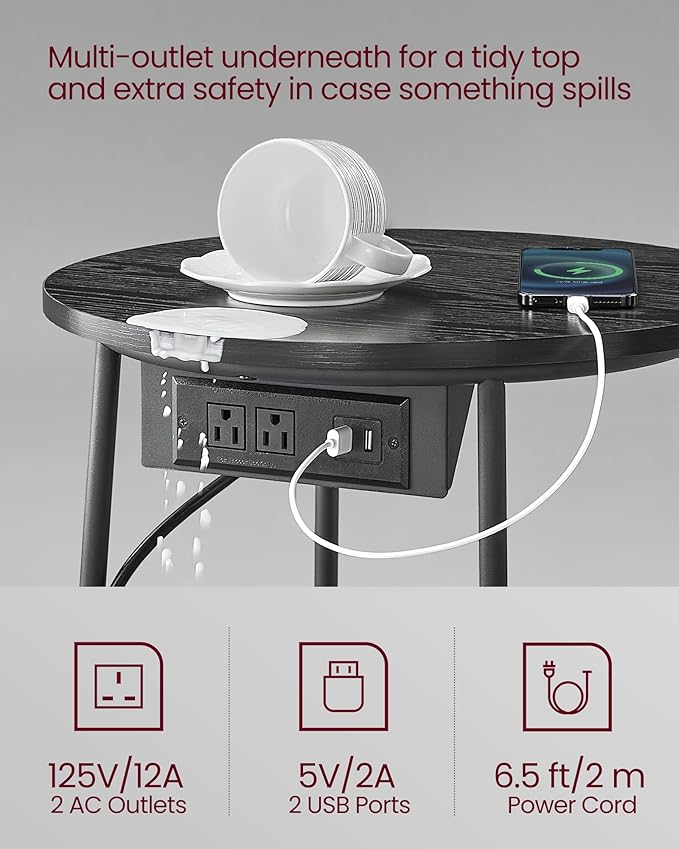 VASAGLE Side Table with Charging Station, Round End Table with Fabric Basket, Nightstand with Power Outlets, USB Ports, for Living Room, Bedroom, Modern, Ebony Black and Slate Gray ULET228B01-Ruum Studio Home