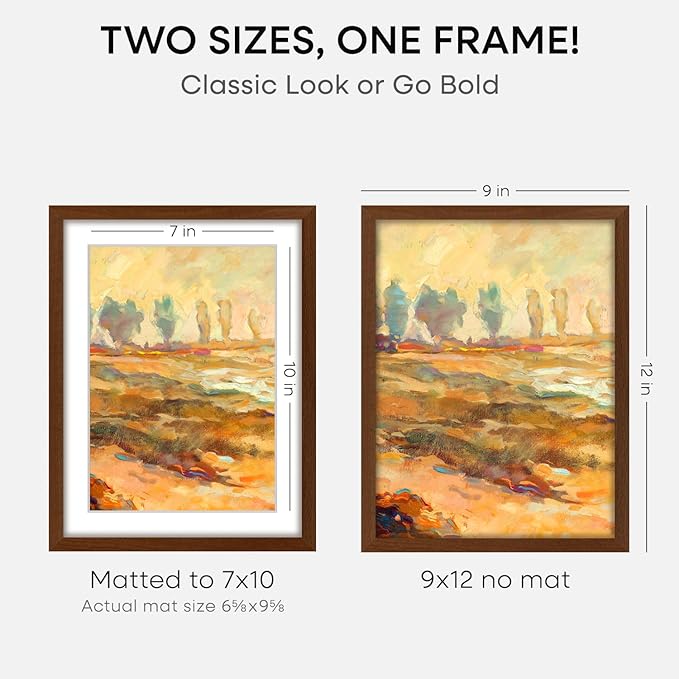 Homeforia 9x12 Picture Frame Brown, High End Dark Oak 9 x 12 Walnut Wooden Frames with Mat 7 by 10 Photo, 12x9 Wood Frame Matted to 7x10 Art, Wall or Tabletop Frame, Tempered Glass, Wall Kit, Set of 1-Ruum Studio Home