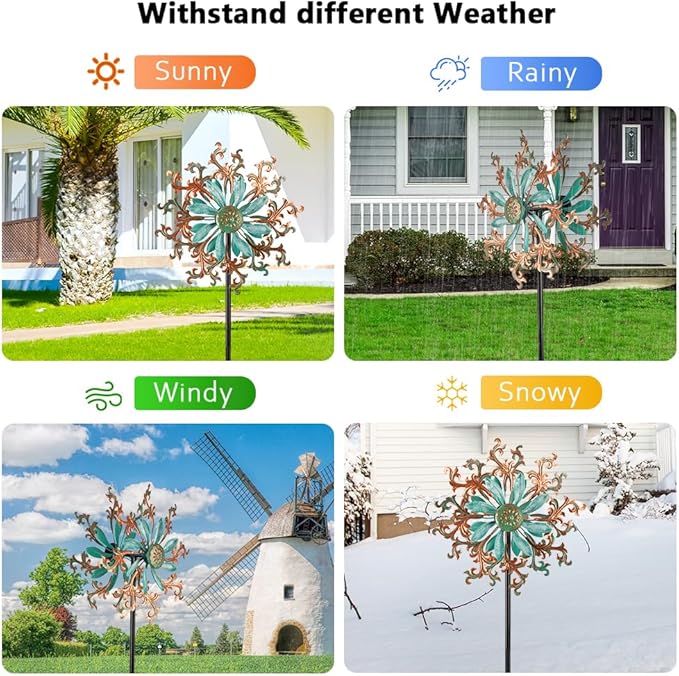 Viveta Wind Spinners Outdoor, Metal Wind Sculptures for Yard and Garden,13 * 57 "Double Windmill with Stable Stake-Ruum Studio Home