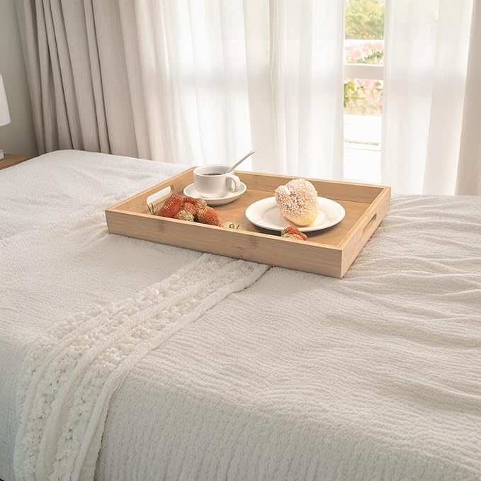 Large Bamboo Wooden Tray with Handles, Rectangular Natural Solid Wood Dinner Tray, Bamboo Wood Original Color. Suitable for Kitchen,Bedroom, Coffee, Party bar. (14.9x10.2 inches)-Ruum Studio Home