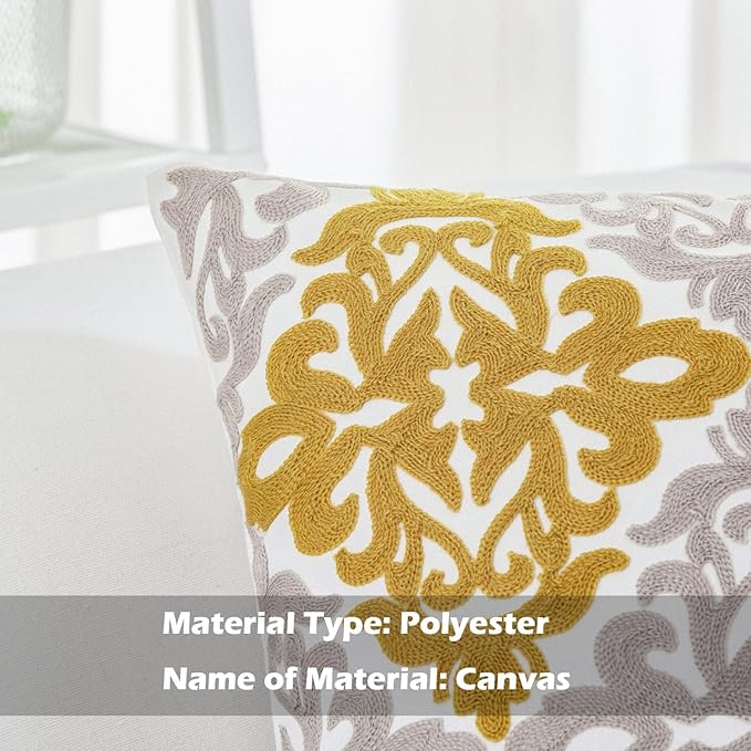 HWY 50 Mustard Yellow Decorative Throw Pillow Covers 18x18 Inch (1 Piece), Embroidered Cotton Farmhouse Cushion Cover Pillow Case for Sofa Couch Living Room Bed Bedroon, Floral Geometric-Ruum Studio Home