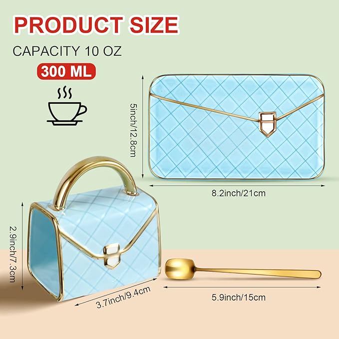 Zubebe 1 Set Coffee Mug Elegant Handbag Shaped Cup Modern Ceramic Purse Mug with Spoon and Saucer, 10oz Cute Creative Tea Cup for Office Home Woman Girls Gift (Blue)-Ruum Studio Home