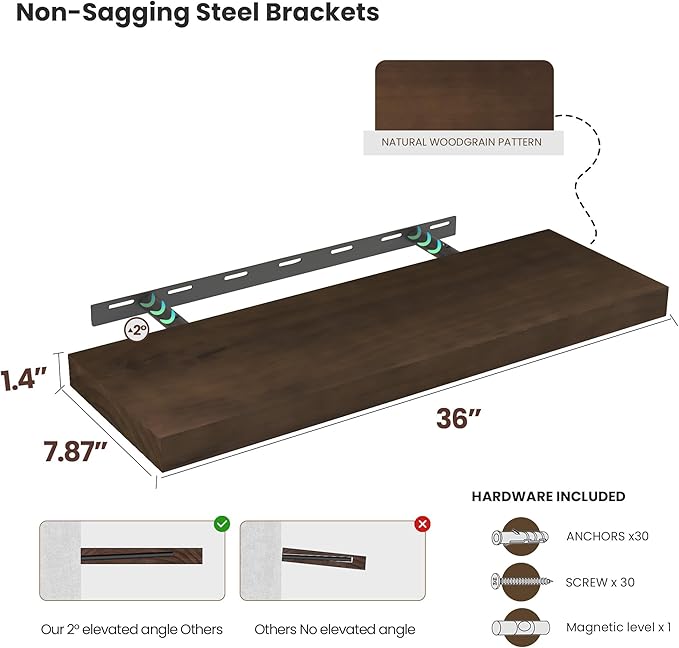 Wood Floating Shelves for Wall 36” x 8”x 1.4” Shelf Floating Rustic Farmhouse Decor, Heavy Duty Shelf Hold 80 lbs, Wall Shelves for Bathroom Living Room Kitchen Bedroom Office, 2 Packs Walnut-Ruum Studio Home