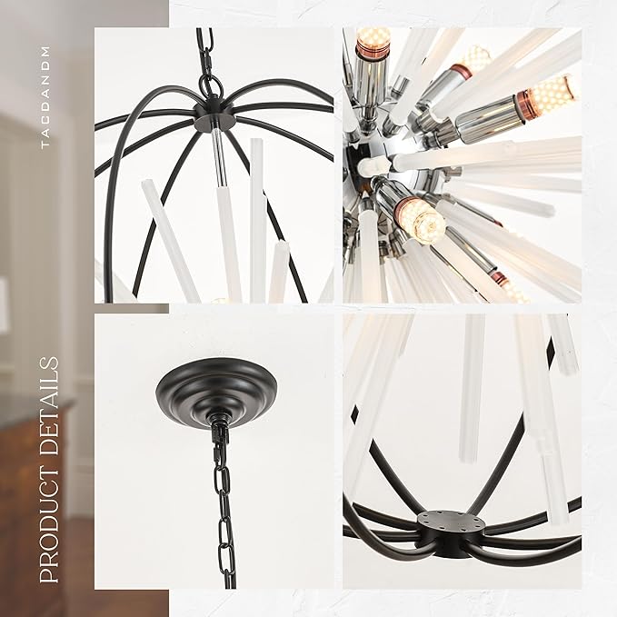 31.5" Black Chrome 16-Light Globe Sputnik Chandelier Modern Adjustable Hanging Ceiling Glass Tube Pendant Light Fixture for Entryway Foyer Stairway Dining Living Room Hallway-Ruum Studio Home