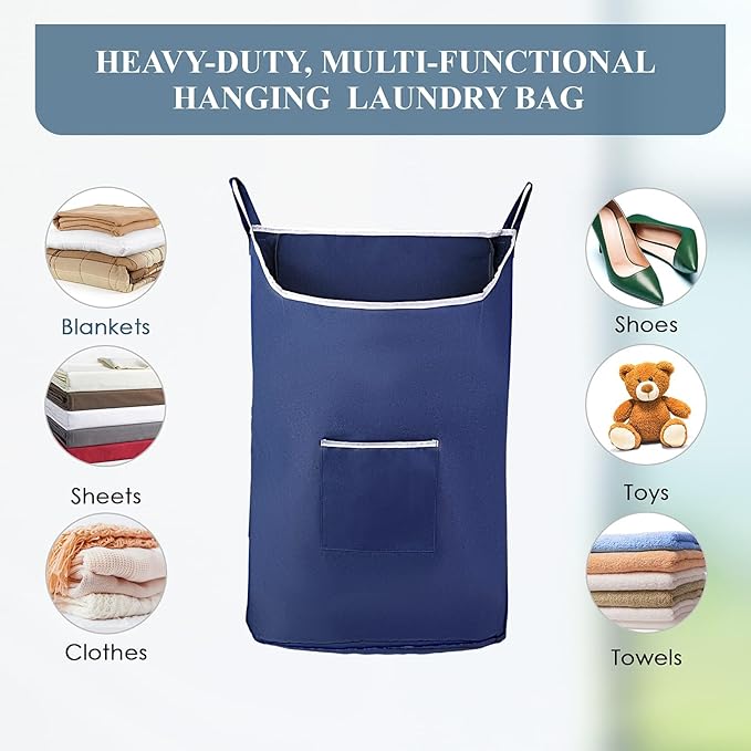 Fine Living Co. Large Hanging Laundry Hamper with Over Door Hooks & Adhesive, Durable Space Saving Laundry Bag with Zipper and Wide Open Top, Hanging Dorm Laundry Hamper (Navy Blue-XL)-Ruum Studio Home
