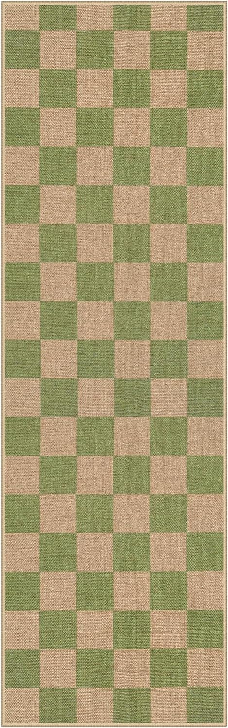 Lahome Checkered Entryway Runner Rug, 2x8 Green Washable Rug Runners for Hallway Non Slip, Farmhouse Indoor Outdoor Non Shedding Kitchen Mats for Floor Porch Balcony-Ruum Studio Home