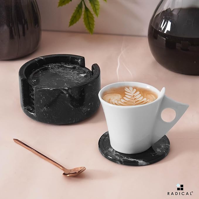 Marble Coasters Set of 6 Black 3.5 Inch Round Coaster for Drinks with Holder, Drink Coaster for Tabletop & Coffee Table Decor, Ideal Home Decor House Warming Gifts-Ruum Studio Home