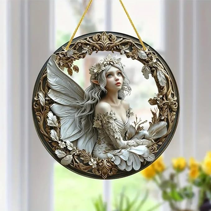 Flower Fairy Garden Decorations Angel Wing Christmas Halloween Deco Statue Art Elf Sculpture Hanging Craft for Outdoor Yard Courtyard Lawn Patio Window Acrylic Ornament Home Gift (D,S: 6*6 IN)-Ruum Studio Home