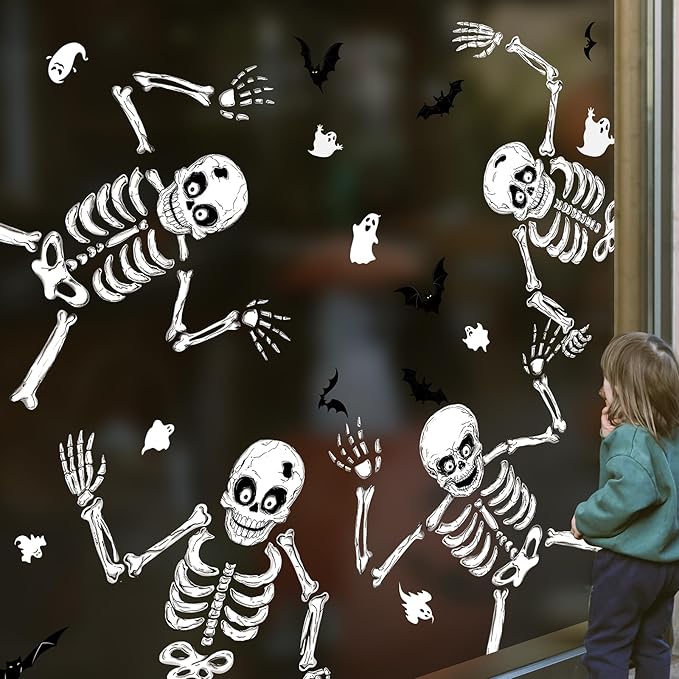 Halloween Window Skeleton Clings – 8 Sheets of Extra Large Cute and Scary Skeletons, Ghosts, and Bats for Home, School, Car Windows, Office, and Party Decor-Ruum Studio Home