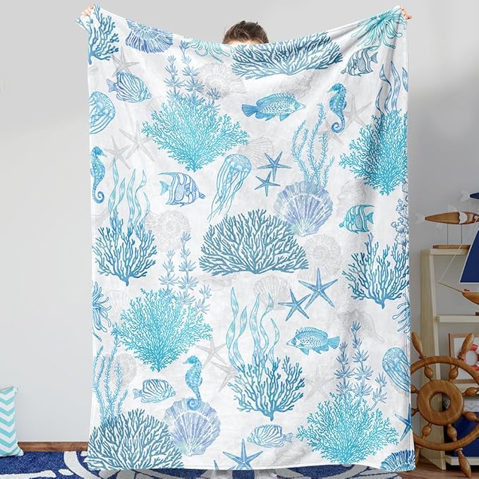 Blue Ocean Beach Throw Blanket Nautical Coastal Bed Blanket Starfish Seashell Coral Blankets Super Soft Flannel Fleece Throw Blanket for Couch Bed Decor “60 x80”-Ruum Studio Home