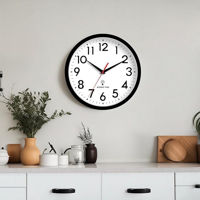 Atomic Wall Clock Analog 10 Inch Battery Operated Modern Decorative for Living Room Kitchen Office Bedroom Bathroom(Black)-Ruum Studio Home