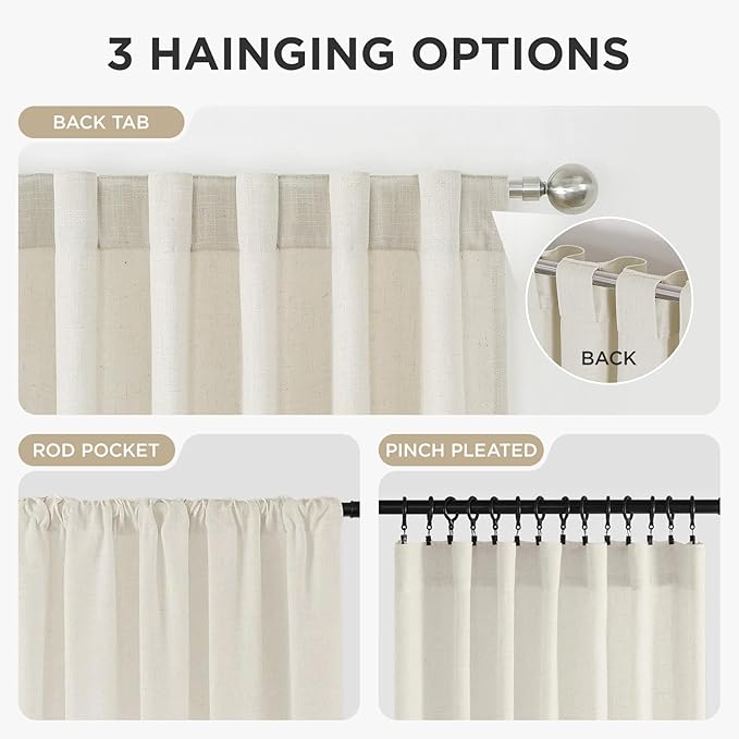 Joydeco Linen Curtains 84 Inch Length 2 Panels,Light Filtering Drapes 52 Inches Wide with Back Tab Rod Pockets (84" L x 52" W, Ivory on Linen)-Ruum Studio Home