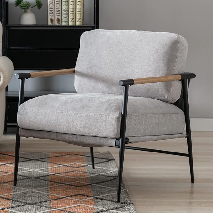 Mid-Century Accent Chair, Soft Armchair Chenille Fabric Lounge Chair with Black Metal Legs, Upholstered Leisure Chair for Living Room Bedroom Reception Room, 1PC, Grey-Ruum Studio Home