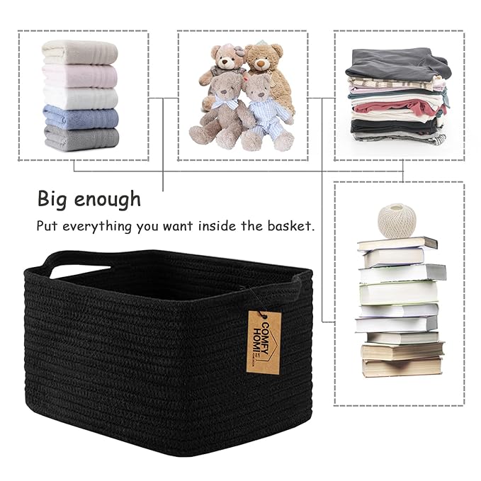 COMFY-HOMI 3PACK Cotton Rope Woven Basket With Handles for Shelves, Toy, Book, Cloth Storage Basket for Organizing|13.5" x 11" x 9.5" Decorative Nursery Cube Bin for Living Room（all Black）-Ruum Studio Home