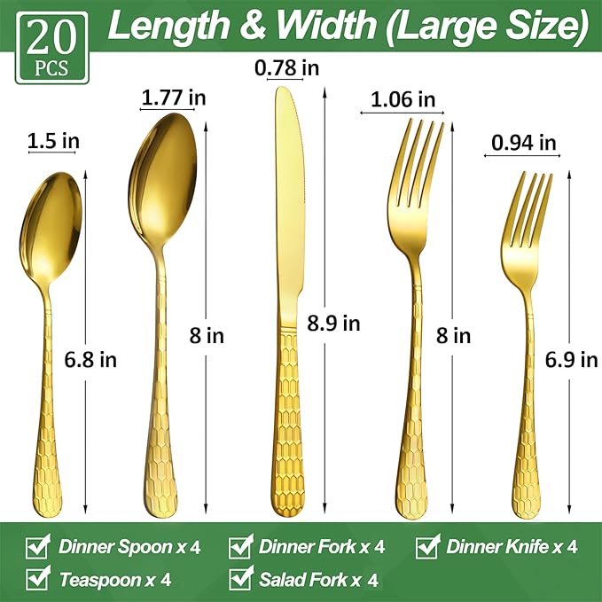 20 Pcs Gold Silverware Set for 4 with Water Cube Handle design, Food Grade Stainless Steel Flatware Set, Eating Utensils Sets Include Fork/Knife/Spoon, Reusable Cutlery Set, Dishwasher Safe-Ruum Studio Home