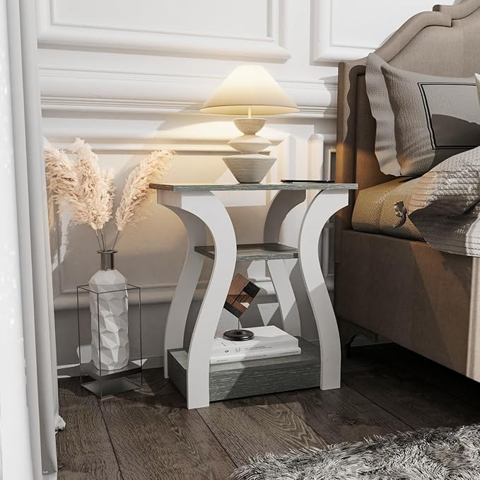 End Tables Living Room, Grey End Table with Charging Station, Grey Side Table, Nightstand for Bedroom, 3 Tier End Table with Storage Shelf for Living Room-Ruum Studio Home