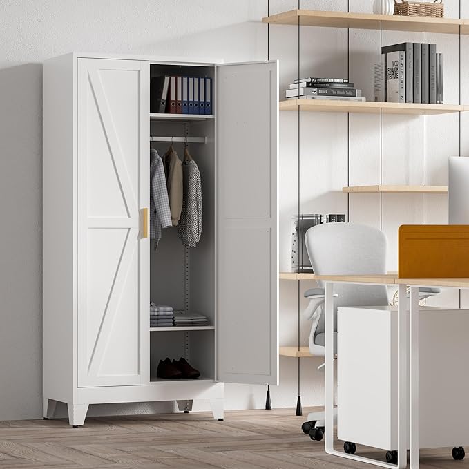 71'' Farmhouse Metal Wardrobe Cabinet with Hanging Rod, 2 Barn Door Wardrobe Closet with 2 Adjustable Shelves,for Dining Room,Bedroom,Living Room, Cloak Room,Office (White)-Ruum Studio Home