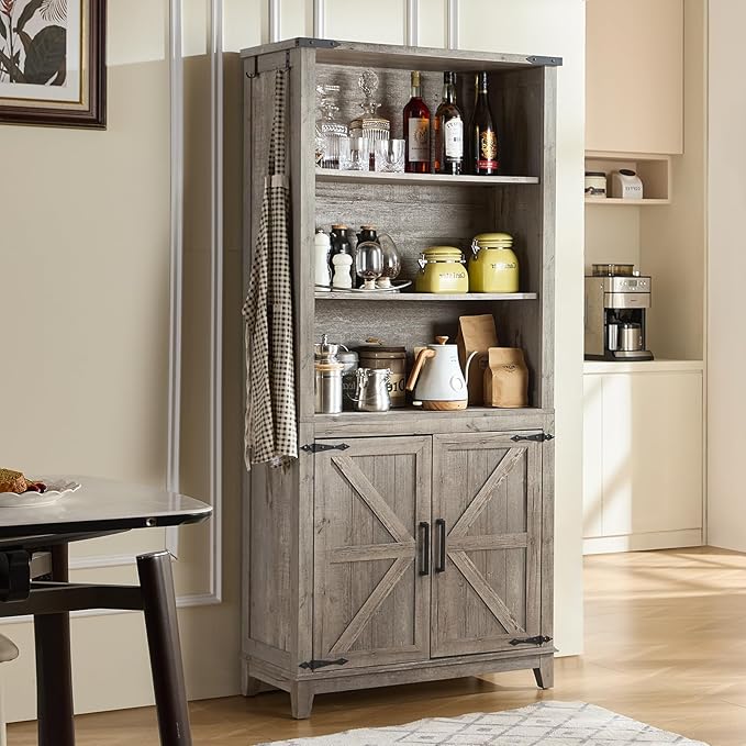70in Tall Bookshelf 5 Tier Bookcase with Barn Doors and Adjustable Shelves, Grey Farmhouse Book Shelf with Storage Cabinet, Wood Freestanding Display Bookshelves for Bedroom, Living Room-Ruum Studio Home