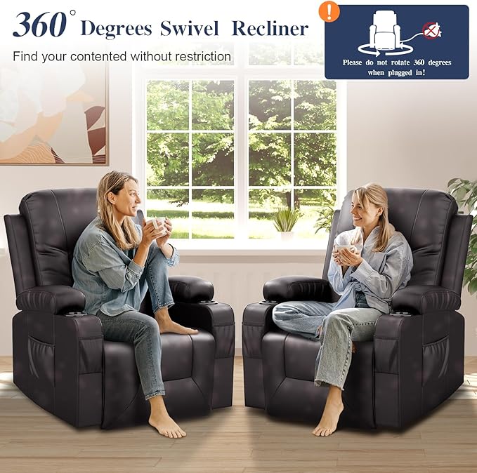 Recliner Chairs for Adults, FSC Certified Massage Rocker with Heated Modern Ergonomic Lounge 360 Degree Swivel Single Sofa Seat Living Room Lounge Recliners Brown-Ruum Studio Home