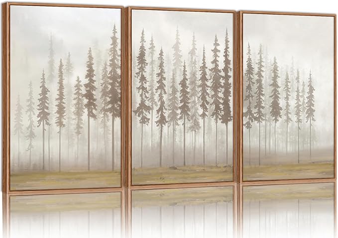 SIGNINART Large Pine Tree Framed Canvas Wall Art Set, Foggy Forest Landscape Wall Decor, Modern Beige Nature Artwork, Misty Forest Wall Painting for Living Room, Bedroom,Office 16 x24 x3-Ruum Studio Home