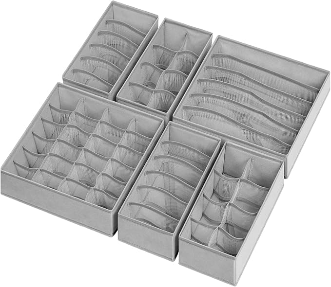 6 Pack Sock Underwear Drawer Organizer Dividers, 58 Cell Foldable Fabric Dresser Closet Organizers and Storage Bins for Clothing, Baby Clothes, Bra, Panty, Scarf, Ties (Grey)-Ruum Studio Home