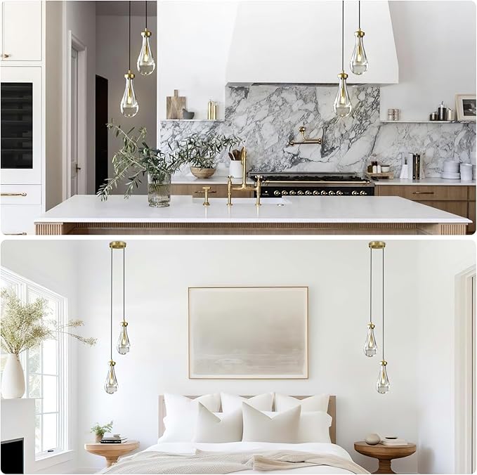 Brass Raindrop Pendant Lights Kitchen Island 2-Light, Cluster Gold Pendant Light Fixture for Bedroom, Dimmable Dining Room Light Fixture Hanging Pendant Lighting Ceiling Chandelier for Foyer-Ruum Studio Home