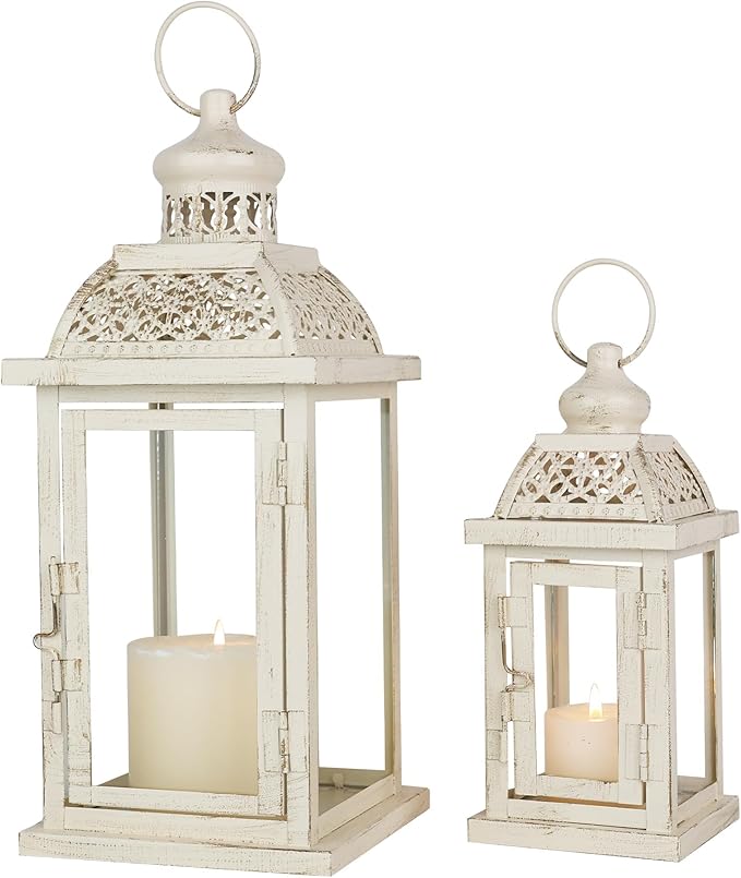 DECORKEY Large Lantern Decorative Outdoor & Indoor, Set of 2 (14’’&10’’) Metal Candle Lanterns Decor, Vintage Hanging Candle Holder for Front Porch Patio Wedding Farmhouse Home, Spring Decoration-Ruum Studio Home