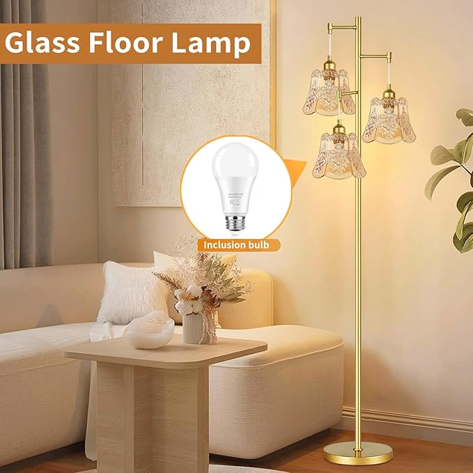 Gold Floor Lamp for Living Room,Bedroom,Tree 3 Light Standing Lamp Mid Century Modern Brass Tall Floor Lamps Vintage Retro Floor Lights Glass Green Flower Lamp Shade Farmhouse Boho Bohemian-Ruum Studio Home