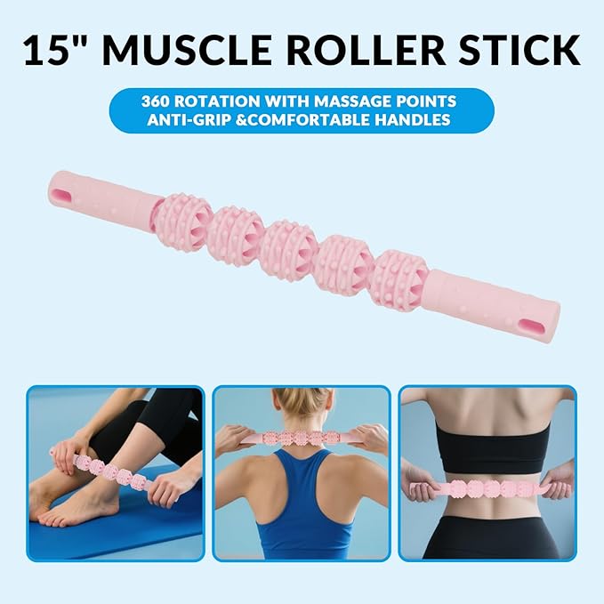 7 in 1 Foam Roller,Products Include Foam shafts,Muscle Roller Bars,Leg Massagers,Fascia Balls,Stretch Bands,8-Shaped Resistance Bands,are Used for Full-Body Relax,Yoga(White Pink Blue) (Pink)-Ruum Studio Home