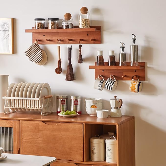 Wall Mounted Hook with Shelf,23.62in Entryway Wall Hanging Shelf,Solid Wood Coat Hooks,for Bathroom, Kitchen,Cherry Wood Color YD-WS0260C-Ruum Studio Home