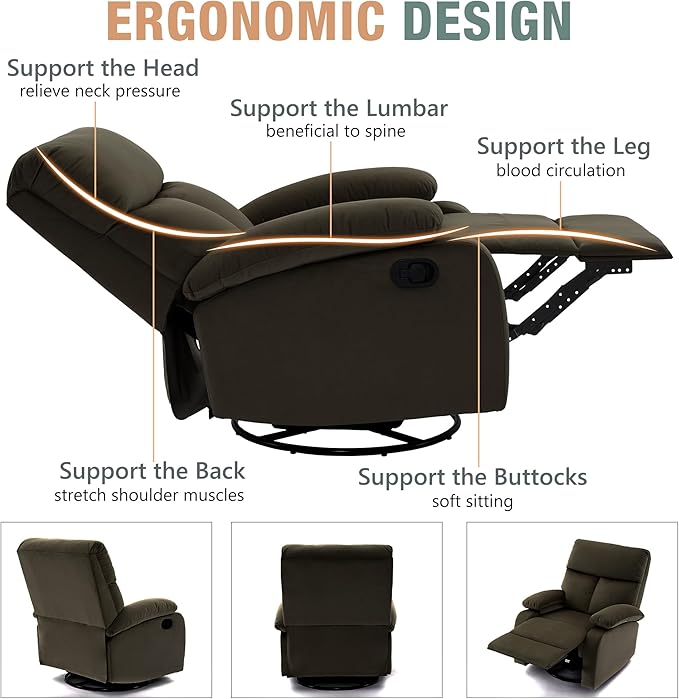 Swivel Rocker Recliner for Adults, Small Recliner Chair for Small Spaces, Rocking Recliner Chair for Nursery. Living Room, RV, Bedroom, Dark Brown-Ruum Studio Home