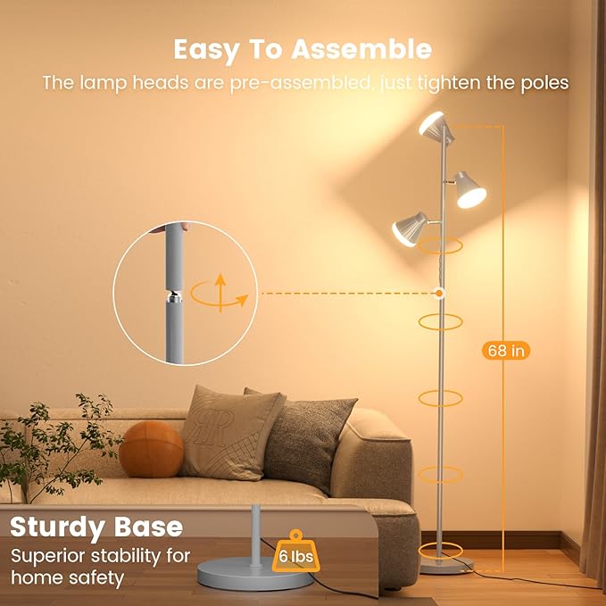 36W LED Tree Floor Lamp, Dimmable Tall Standing Lamp with Remote & Touch Control, 4 Color Temperatures Bright Floor Lamp, 3 Rotatable Light Modern Floor Lamps (Silver Gray)-Ruum Studio Home