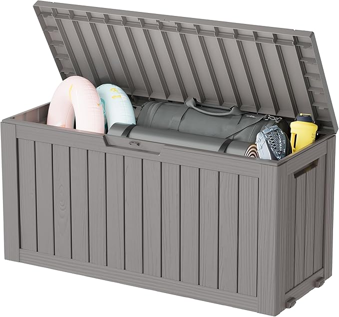 KAMABOKO Deck Box, 75 Gallon Resin Indoor and Outdoor Storage Boxes Waterproof for Garden Tools, Pool Accessories Storage Bench, Patio Furniture and Cushions with Lockable Lid, Grey-Ruum Studio Home