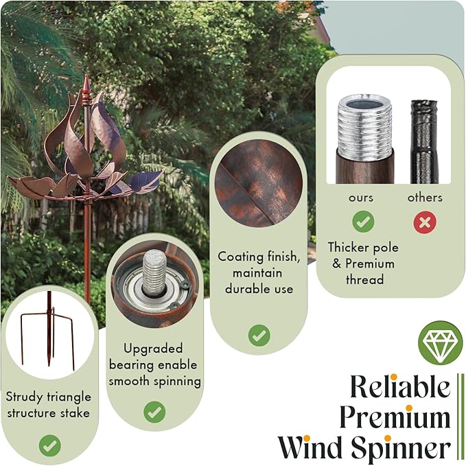 Wind Spinners Outdoor - Large Tulip Metal Bronze Color Wind Sculptures & Spinner, Kinetic Gift Ideal Windmill Decor for Garden and Yard (75 inch Height)-Ruum Studio Home