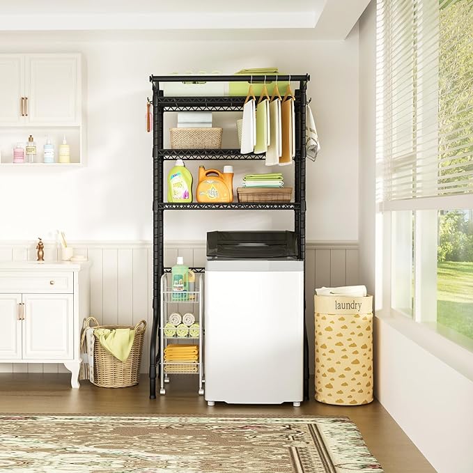 Ulif U11 Over Washer and Dryer Shelves, 3 Tiers Laundry Room Storage and Organizer Standing Shelf, Metal Freestanding Clothes Drying Rack, 33.9" W x 19.7" D x 77.6" H, Black-Ruum Studio Home