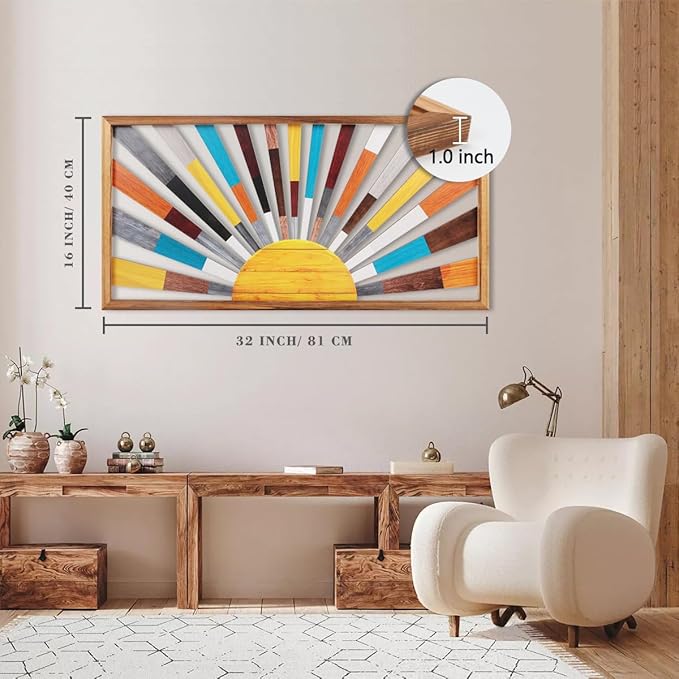 IARTTOP Large Boho Sun Wall Art Framed Wooden Art Wall Decor Rainbow Sun Rising On The Horizon Geometric Line Sunshine Wall Art for Living Room Bedroom Office 16"x32"-Ruum Studio Home