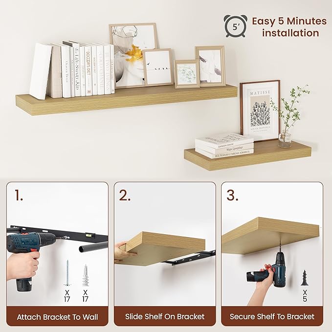 12 Inch Deep Floating Shelves 24 inch Long, 24 x 12 Wide Wall Shelves with Invisible Brackets, Heavy Duty Shelf for Bedroom Bathroom Living Room Kitchen Office Home Decor, Modern Shelf Set of 2, Oak-Ruum Studio Home