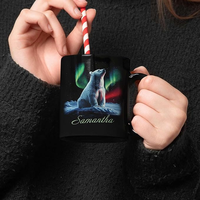Custom Enchanted Arctic Landscape Design Cup, Customized Name Coffee Mug 11oz 15oz, Personalized Polar Bear And Northern Lights Ceramic Cup, Cute Polar Bear Black Mug, Gift For Her-Ruum Studio Home