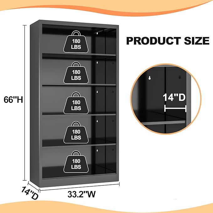 66" Tall Metal Bookcase, 5 Shelf Black Bookcase with Adjustable Shelves, Large Bookshelves and Bookcases, Modern Book Shelf Storage Organizer for Living Room, Home Office, Library (Black)-Ruum Studio Home